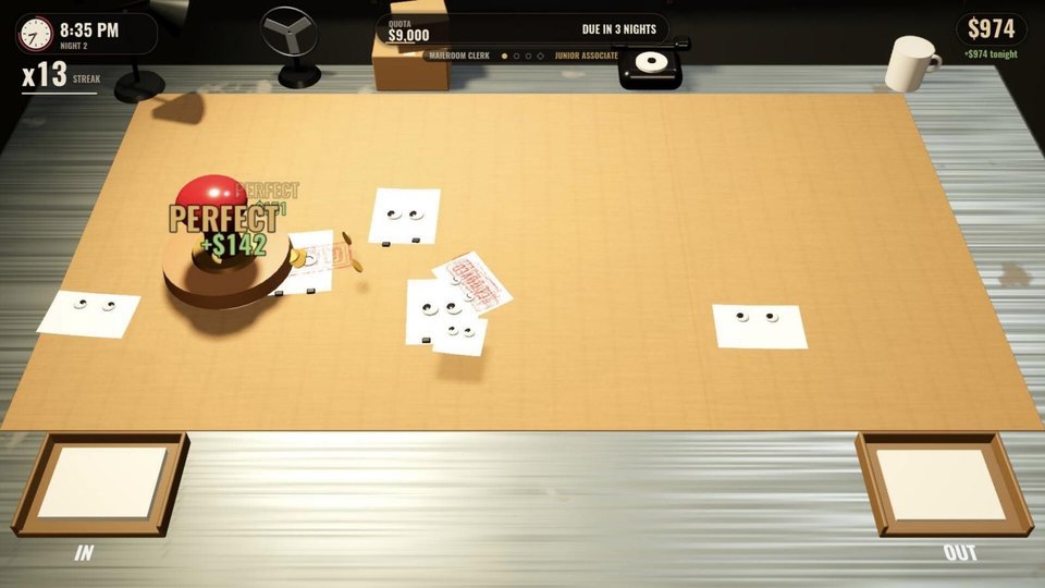 The basement Mailroom desk with googly-eyed memos and a red stamp