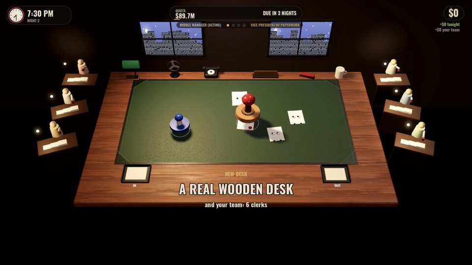 A wooden desk in Middle Management with a row of clerks working behind it
