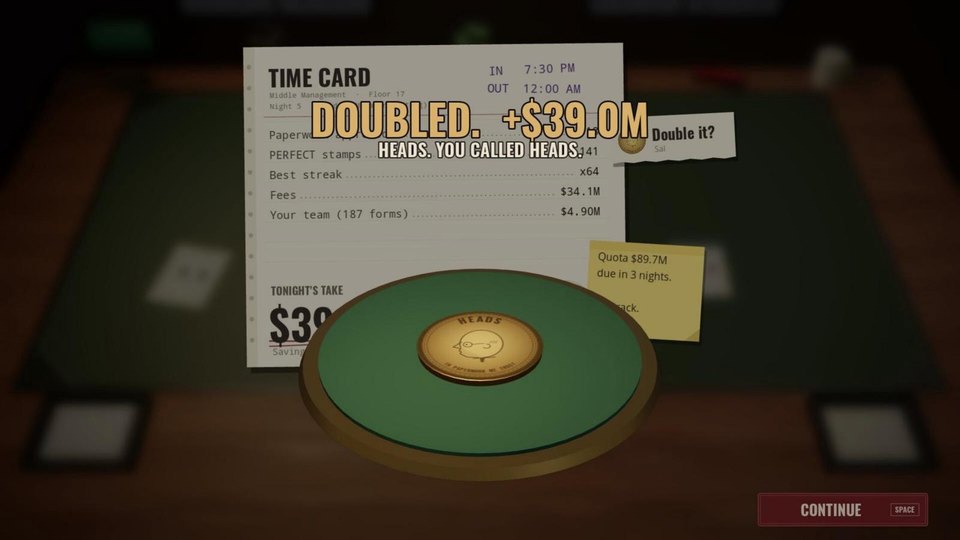 The time card after a night, stamped DOUBLED after a coin toss