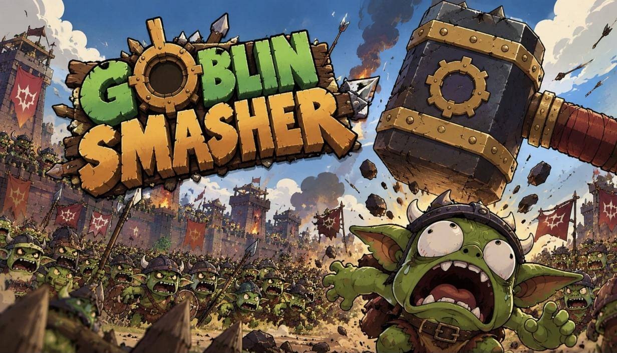 Goblin Smasher key art: a giant hammer coming down on a goblin army