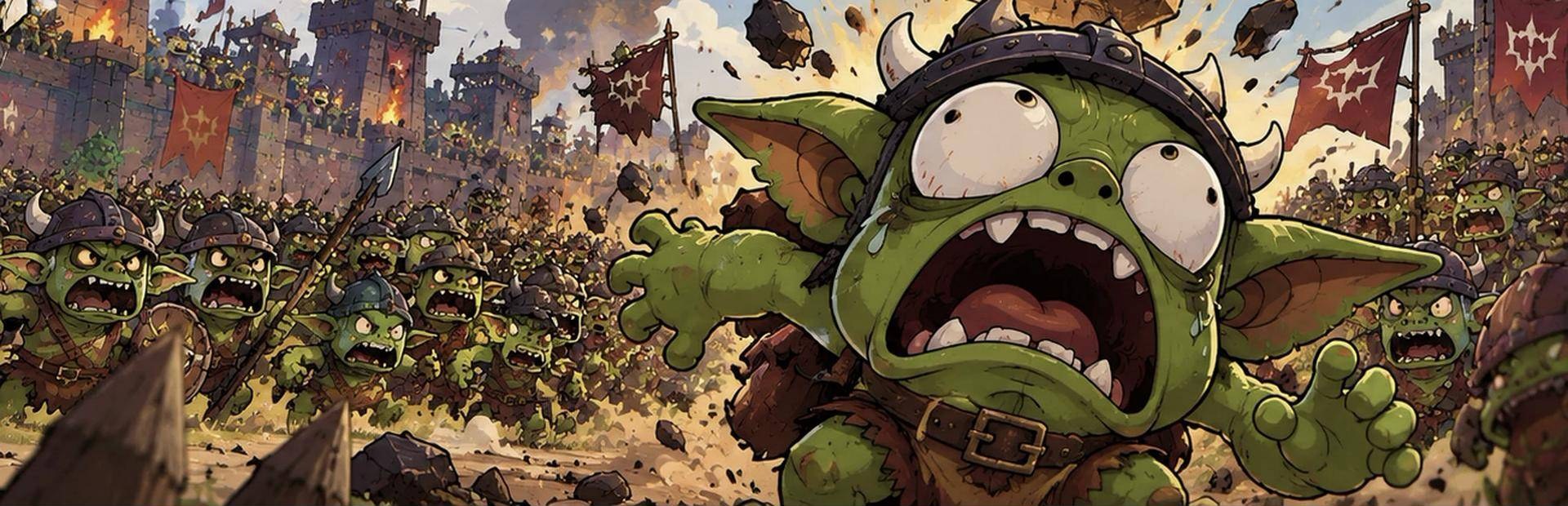 A goblin army charges toward a burning fortress while one goblin panics in the foreground.